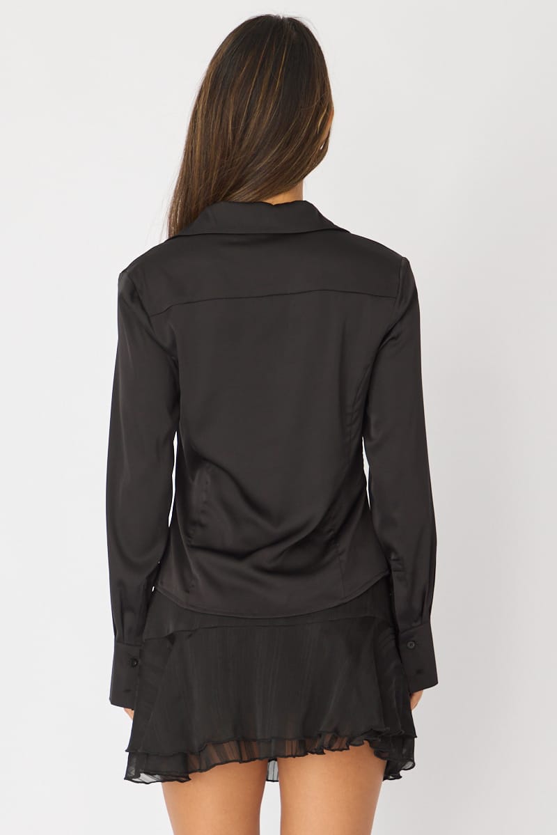 Black Satin Shirt Long Sleeve Collar for Ally Fashion