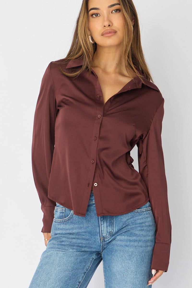 Brown Satin Shirt Long Sleeve Collar for Ally Fashion