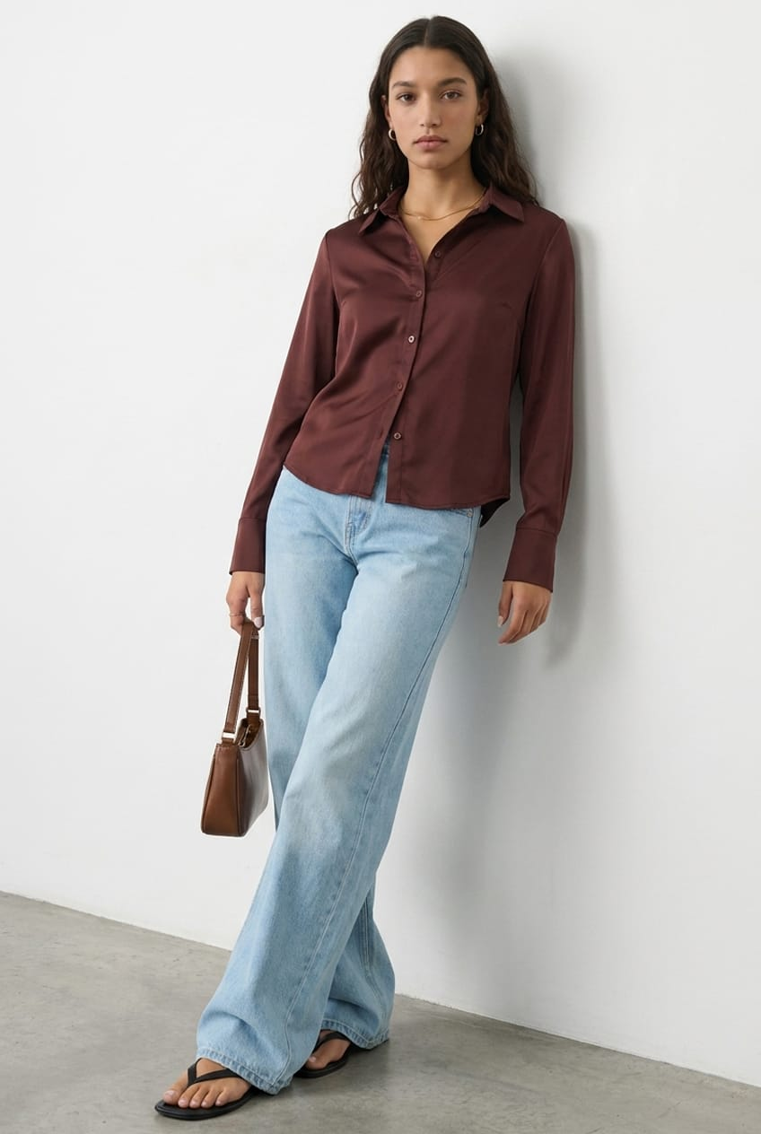 Brown Satin Shirt Long Sleeve Collar for Ally Fashion