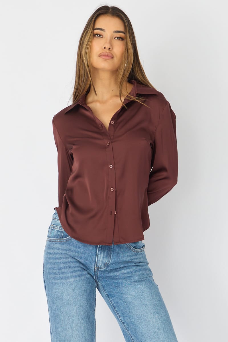 Brown Satin Shirt Long Sleeve Collar for Ally Fashion