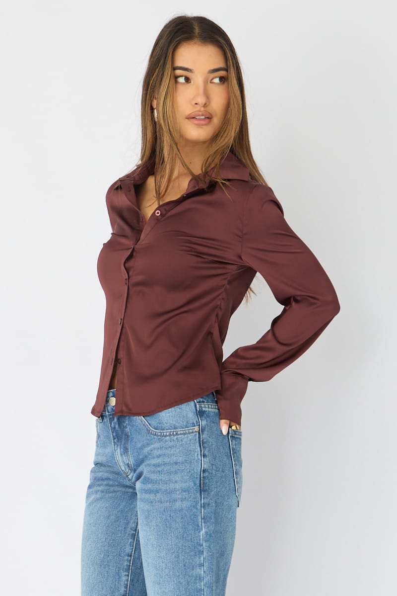 Brown Satin Shirt Long Sleeve Collar for Ally Fashion