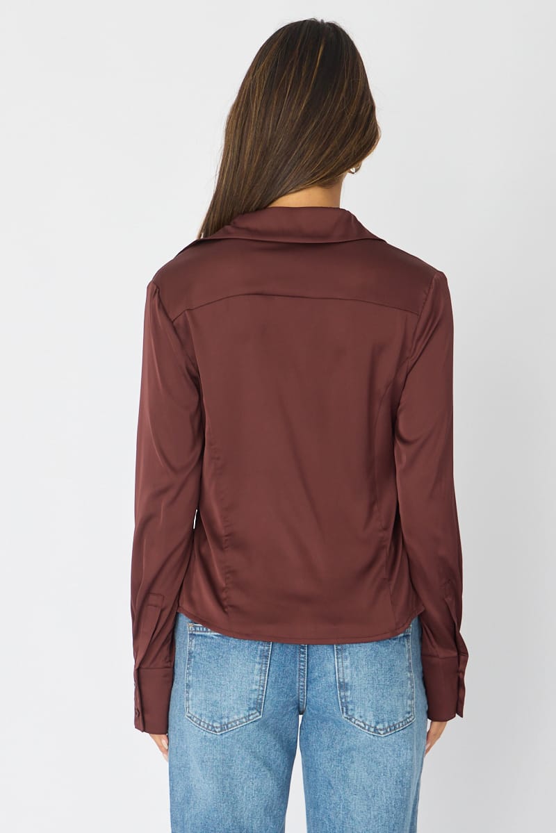 Brown Satin Shirt Long Sleeve Collar for Ally Fashion