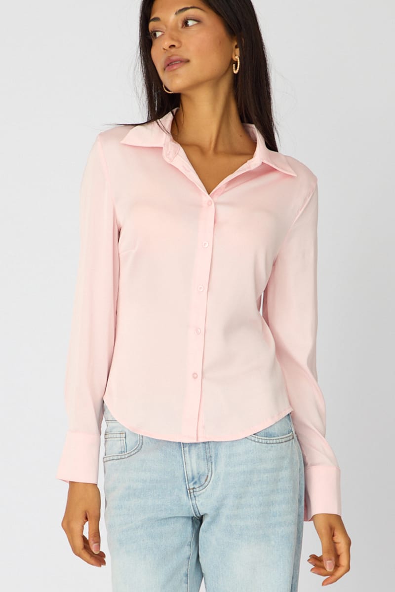 Pink Satin Shirt Collared Long Sleeve for Ally Fashion