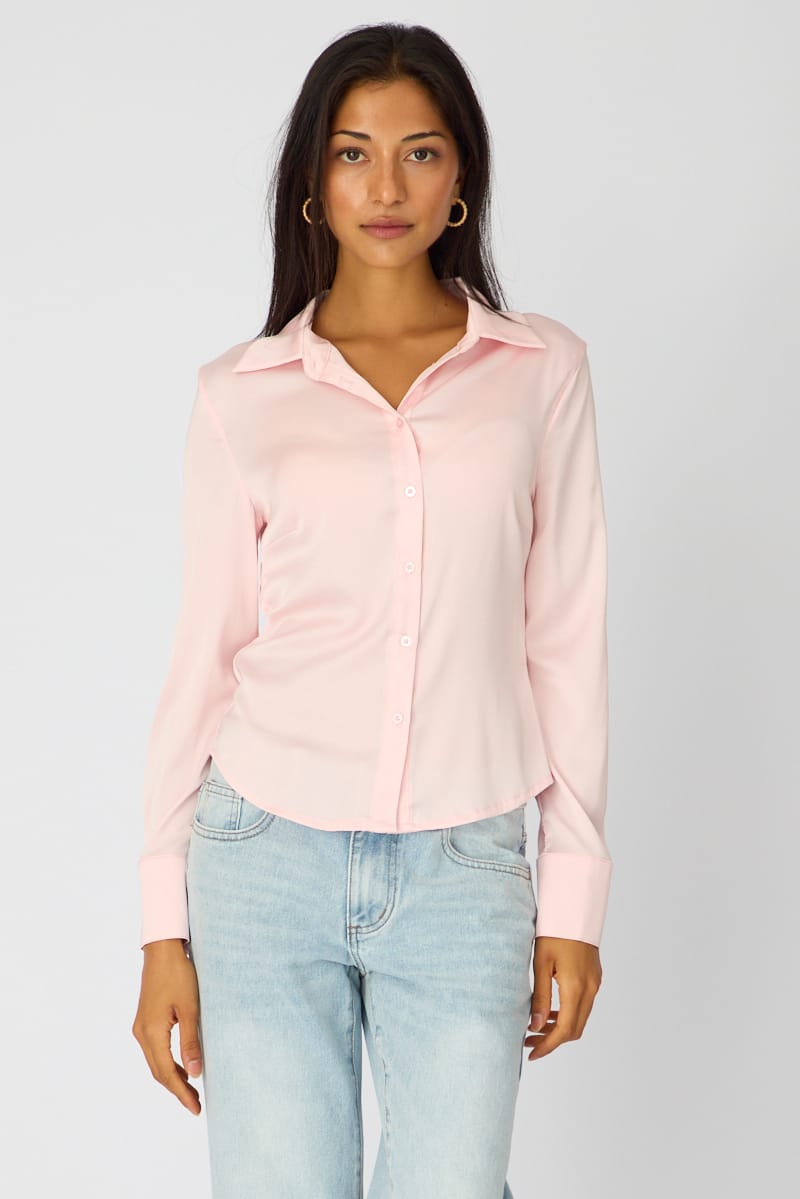 Pink Satin Shirt Collared Long Sleeve for Ally Fashion