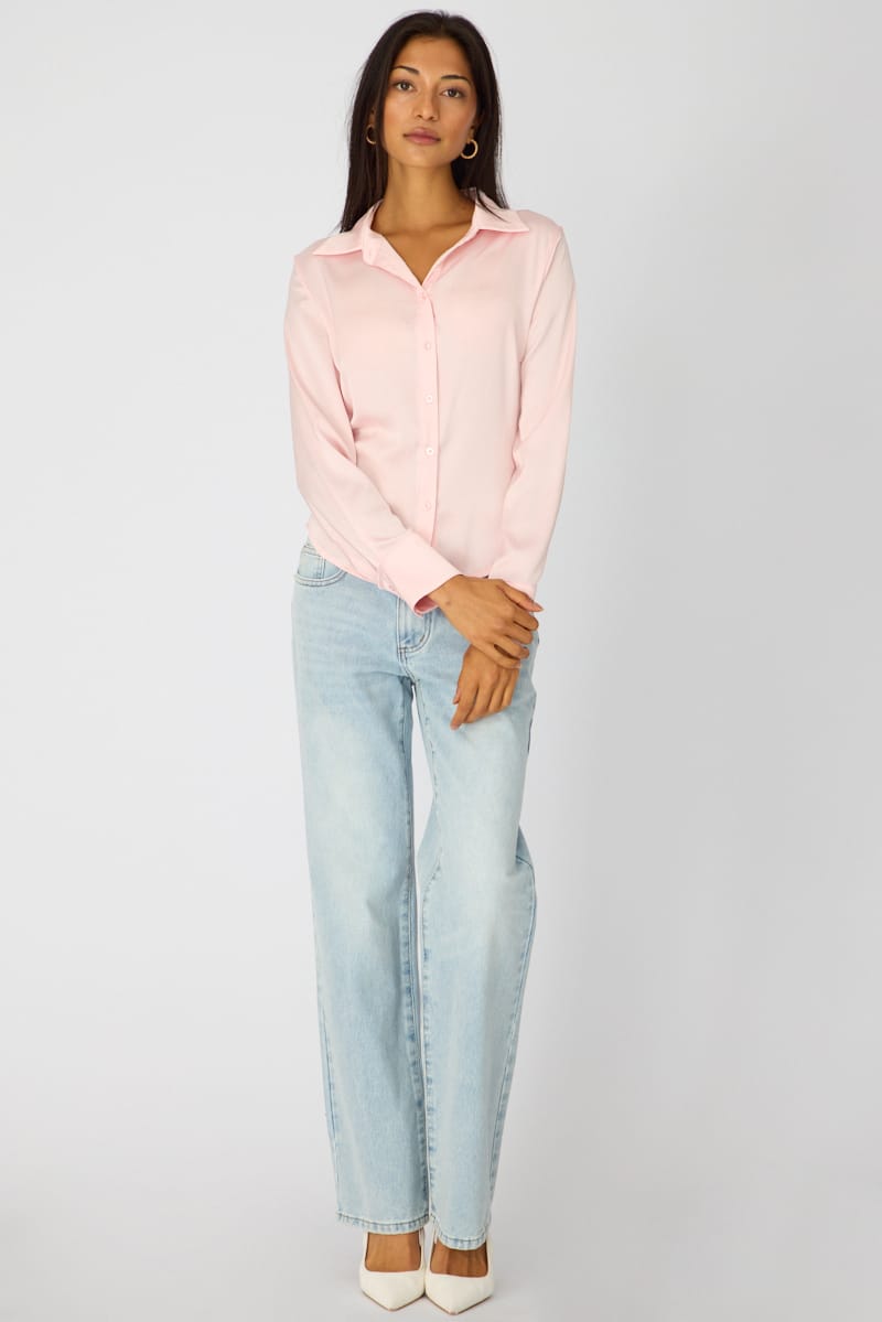 Pink Satin Shirt Collared Long Sleeve for Ally Fashion