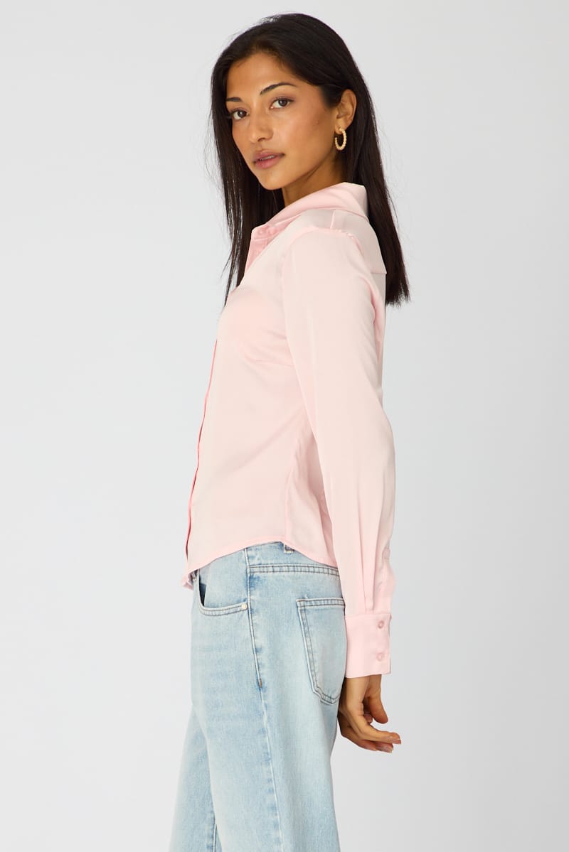 Pink Satin Shirt Collared Long Sleeve for Ally Fashion