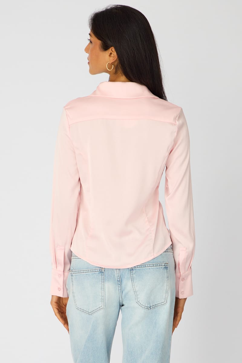 Pink Satin Shirt Collared Long Sleeve for Ally Fashion