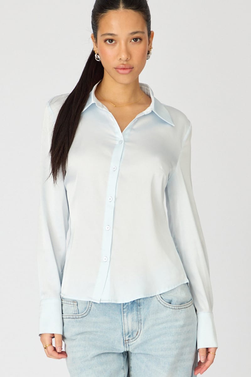 Blue Satin Shirt Collared Long Sleeve for Ally Fashion