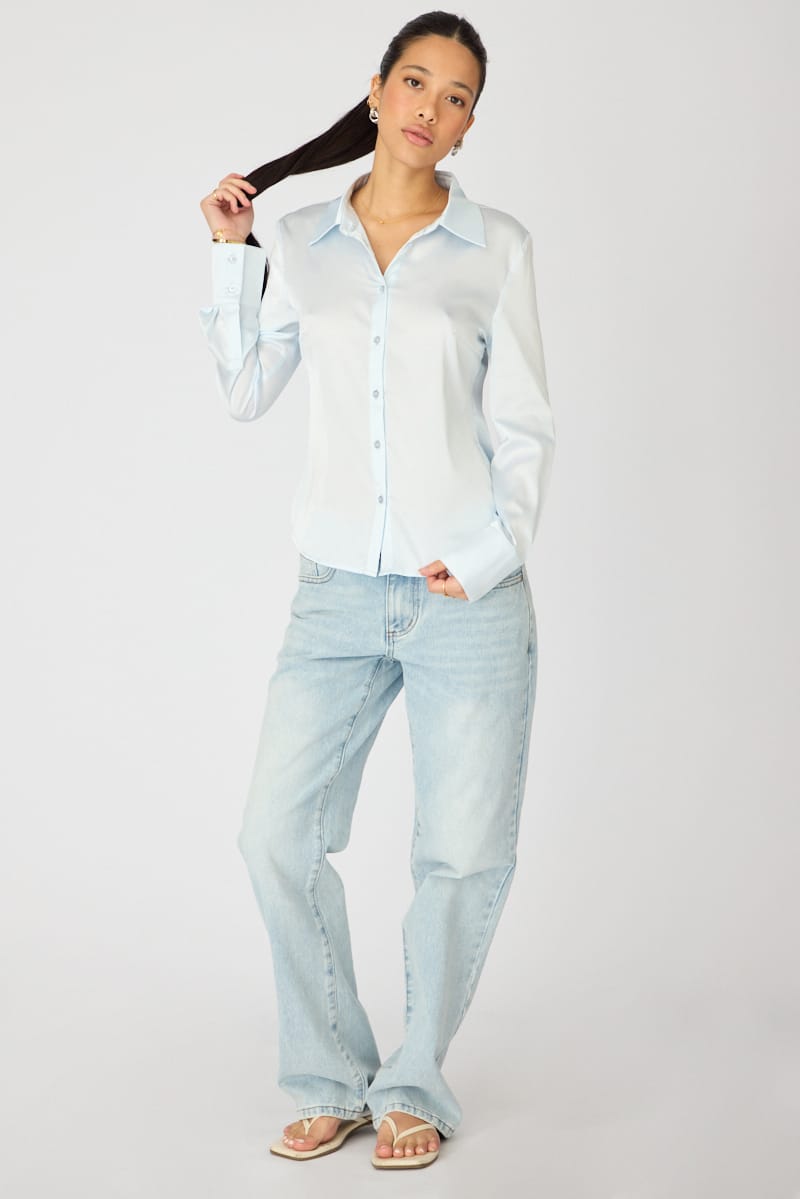 Blue Satin Shirt Collared Long Sleeve for Ally Fashion