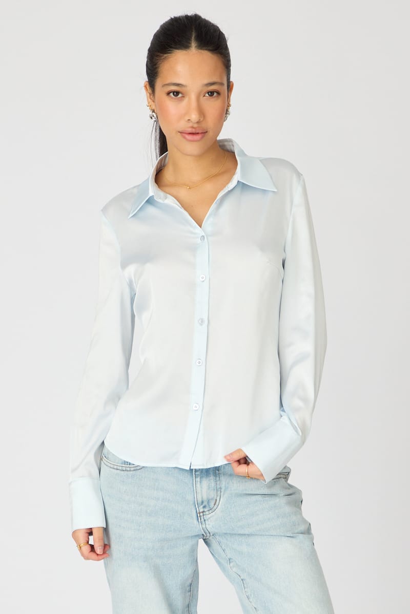 Blue Satin Shirt Collared Long Sleeve for Ally Fashion
