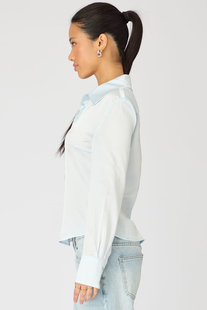 Blue Satin Shirt Collared Long Sleeve for Ally Fashion