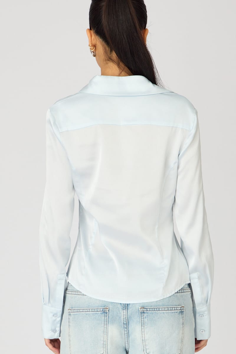 Blue Satin Shirt Collared Long Sleeve for Ally Fashion