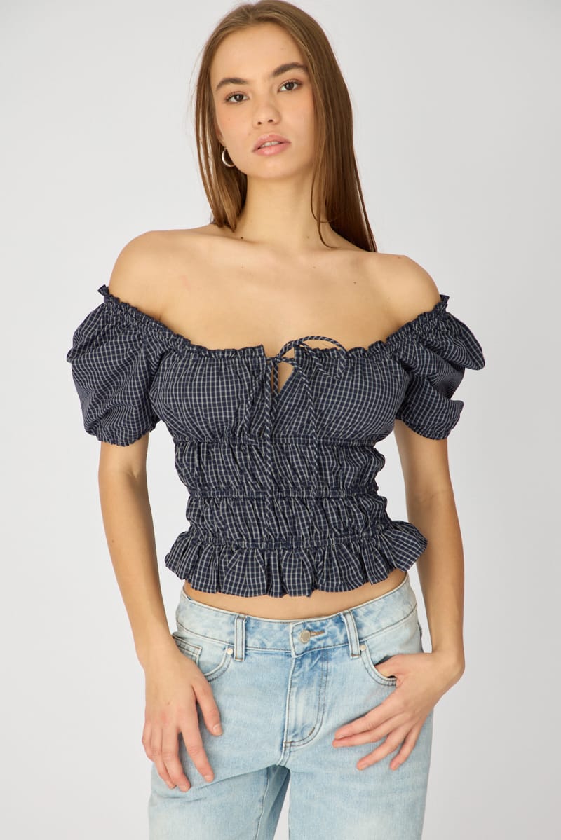 Blue Check Frill Ruched Blouse Short Sleeve for Ally Fashion
