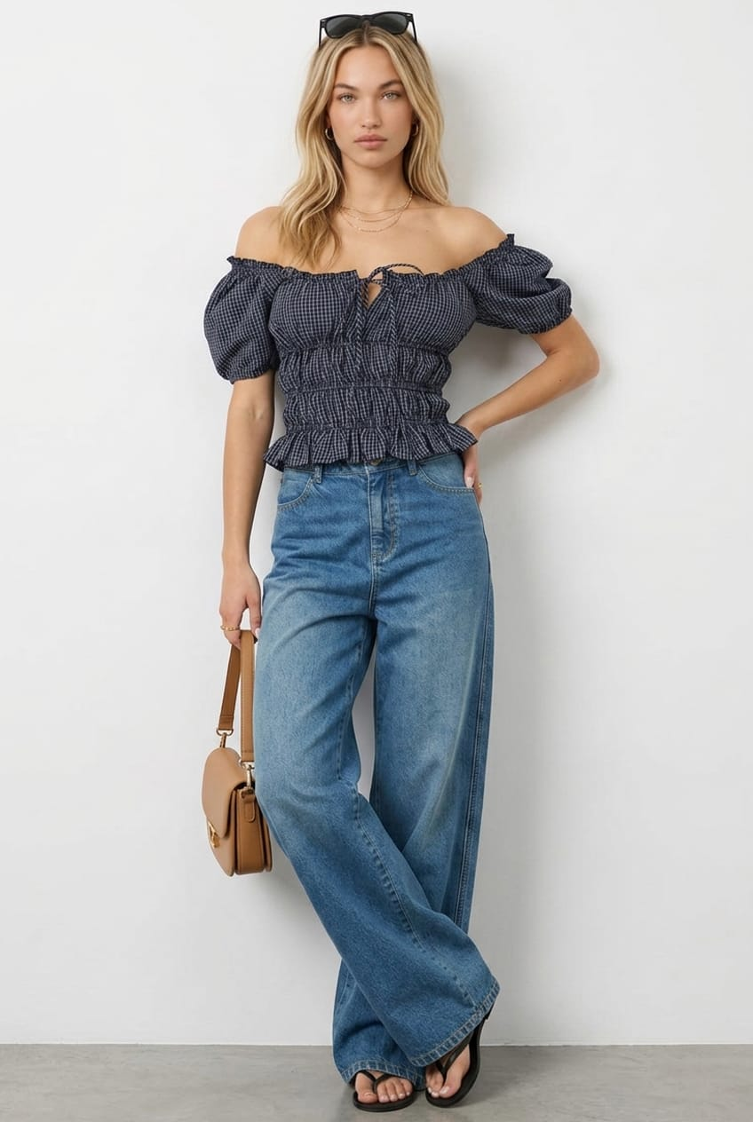 Blue Check Frill Ruched Blouse Short Sleeve for Ally Fashion