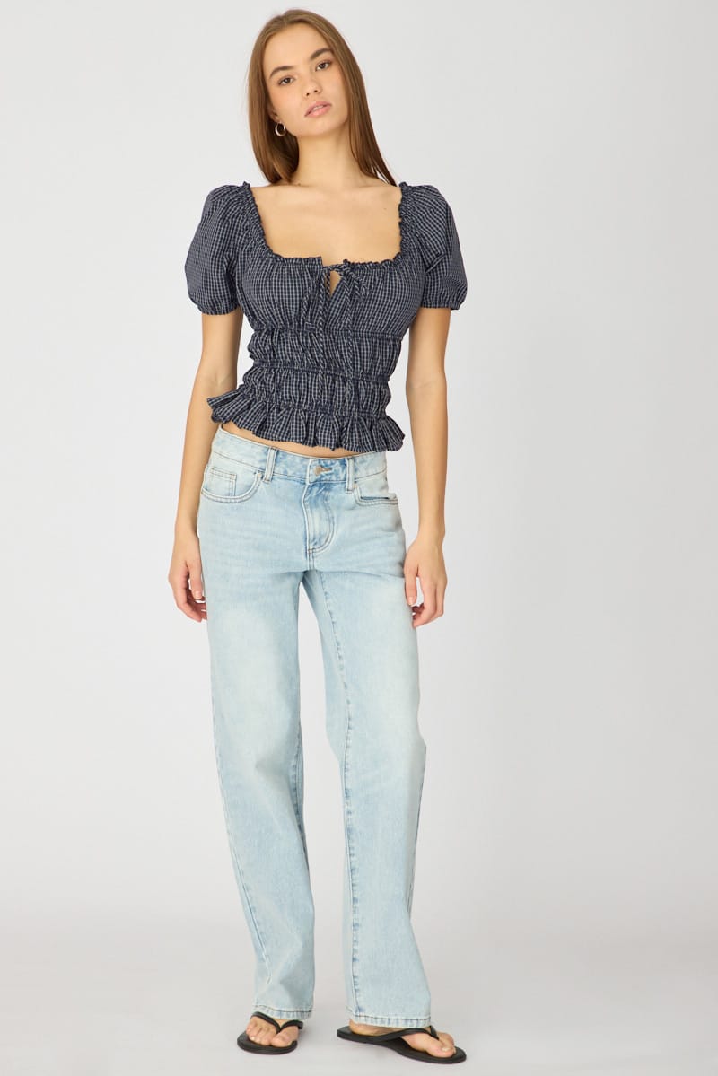 Blue Check Frill Ruched Blouse Short Sleeve for Ally Fashion