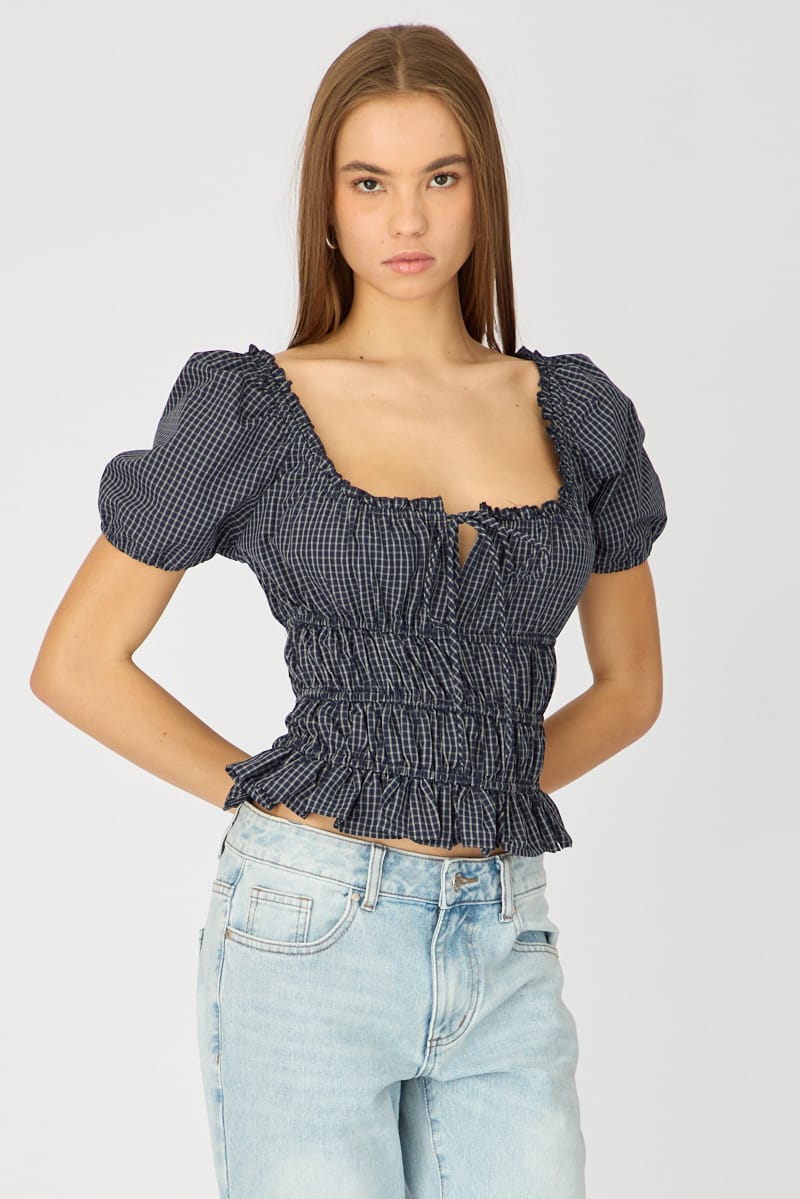 Blue Check Frill Ruched Blouse Short Sleeve for Ally Fashion