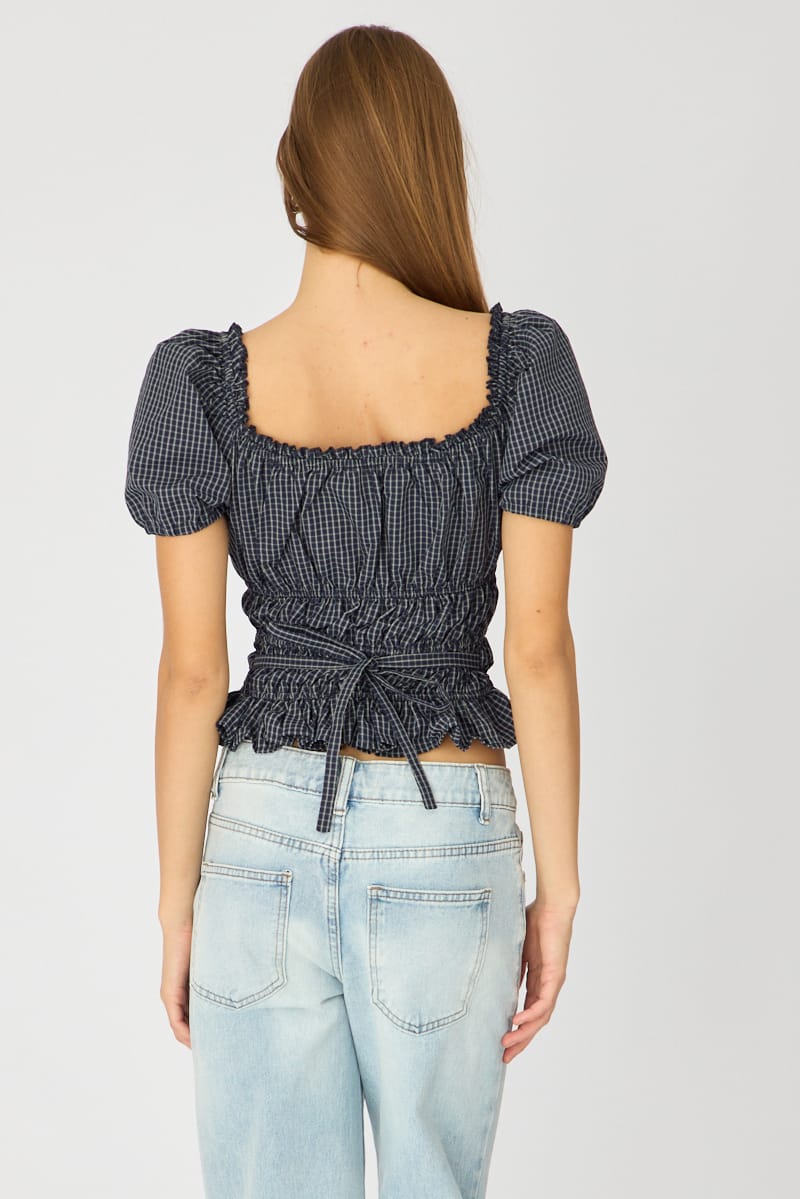 Blue Check Frill Ruched Blouse Short Sleeve for Ally Fashion