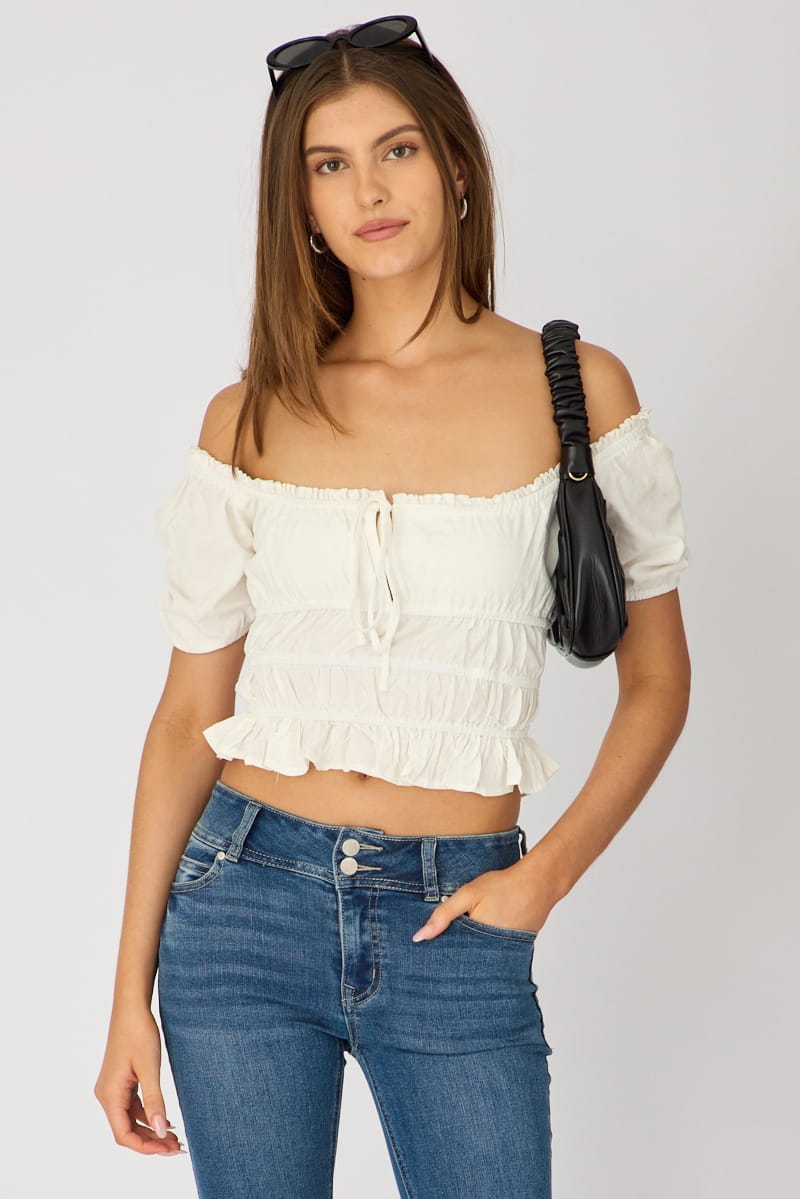 White Check Frill Ruched Blouse Short Sleeve for Ally Fashion