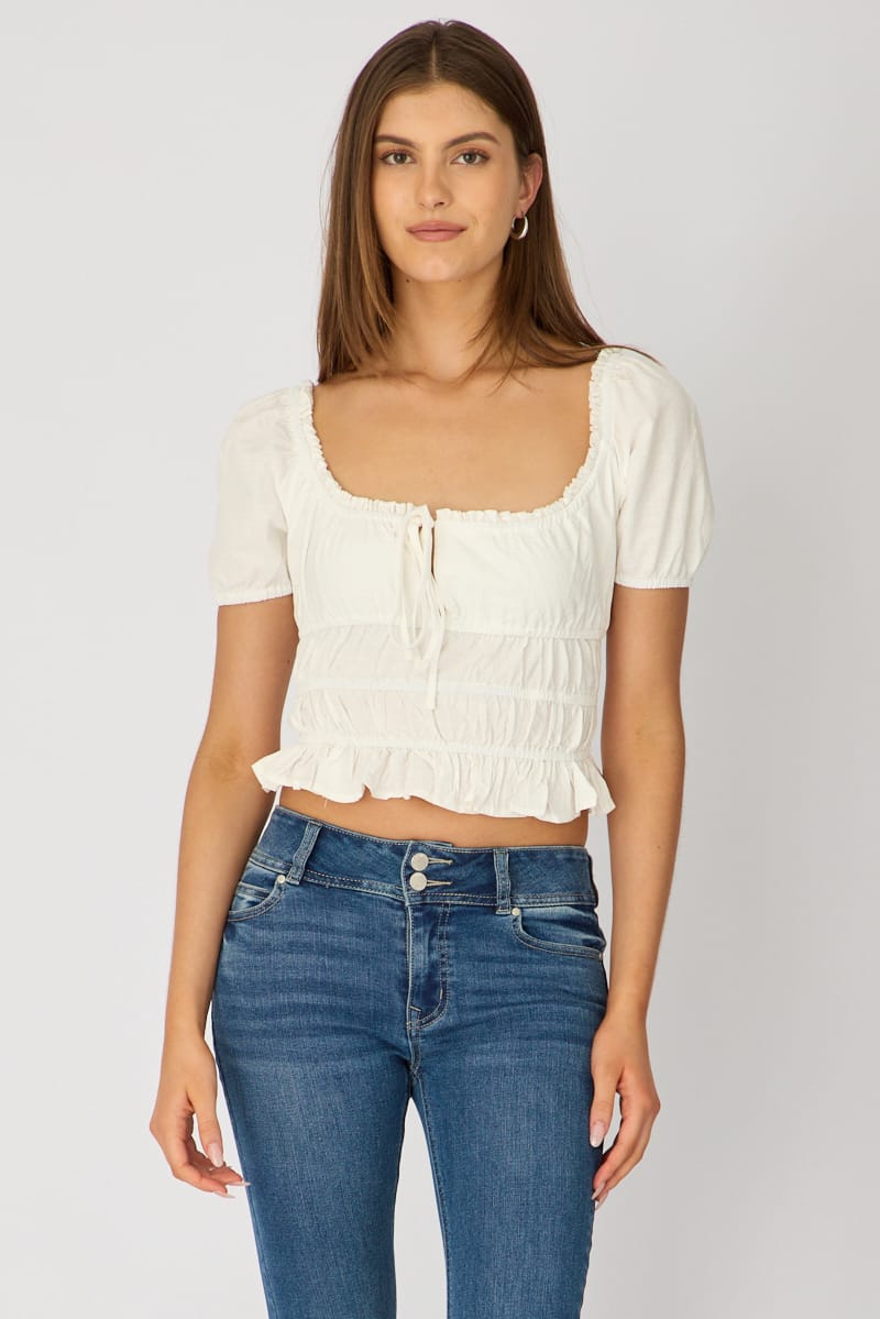 White Check Frill Ruched Blouse Short Sleeve for Ally Fashion