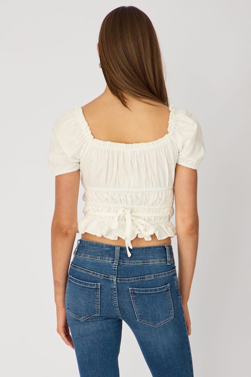 White Check Frill Ruched Blouse Short Sleeve for Ally Fashion