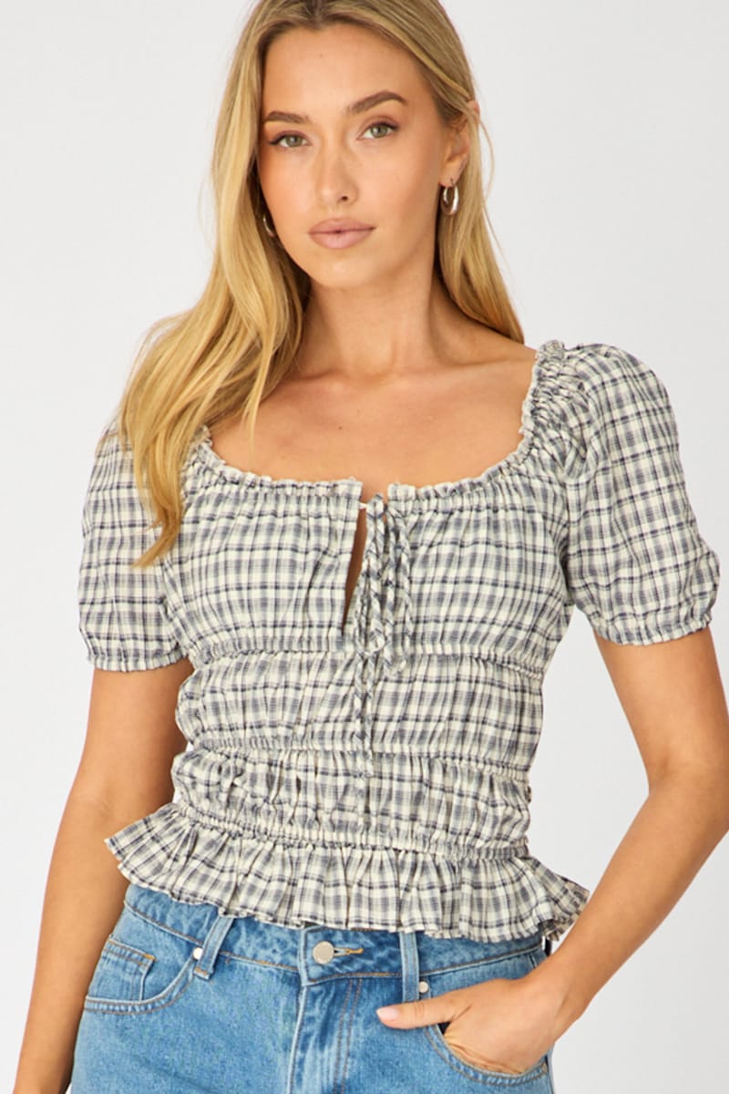 Blue Check Frill Ruched Blouse Short Sleeve for Ally Fashion