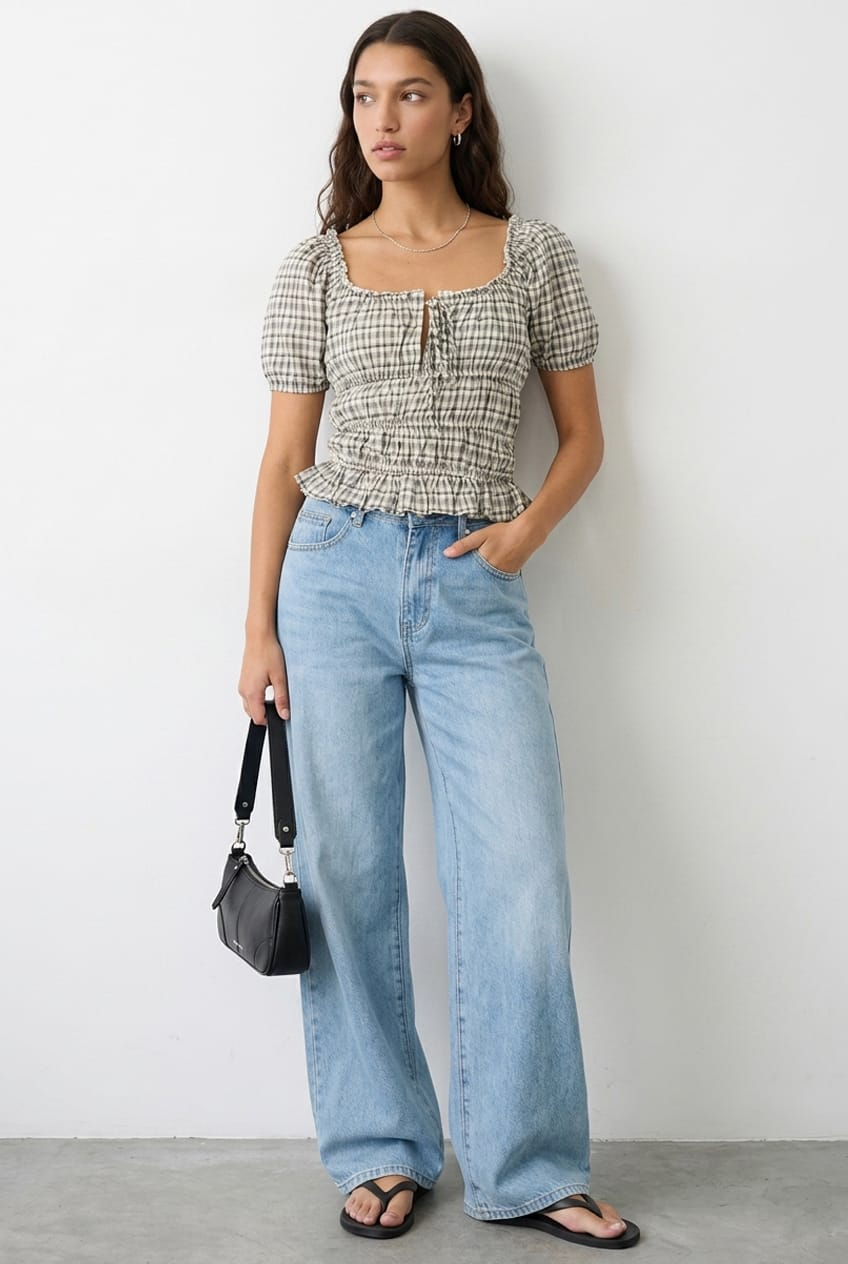 Blue Check Frill Ruched Blouse Short Sleeve for Ally Fashion
