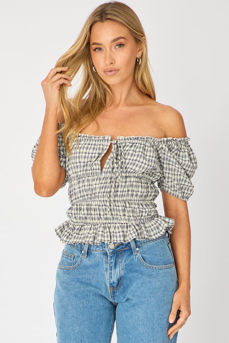 Blue Check Frill Ruched Blouse Short Sleeve for Ally Fashion