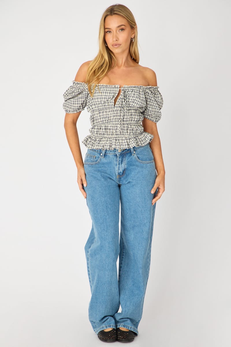 Blue Check Frill Ruched Blouse Short Sleeve for Ally Fashion