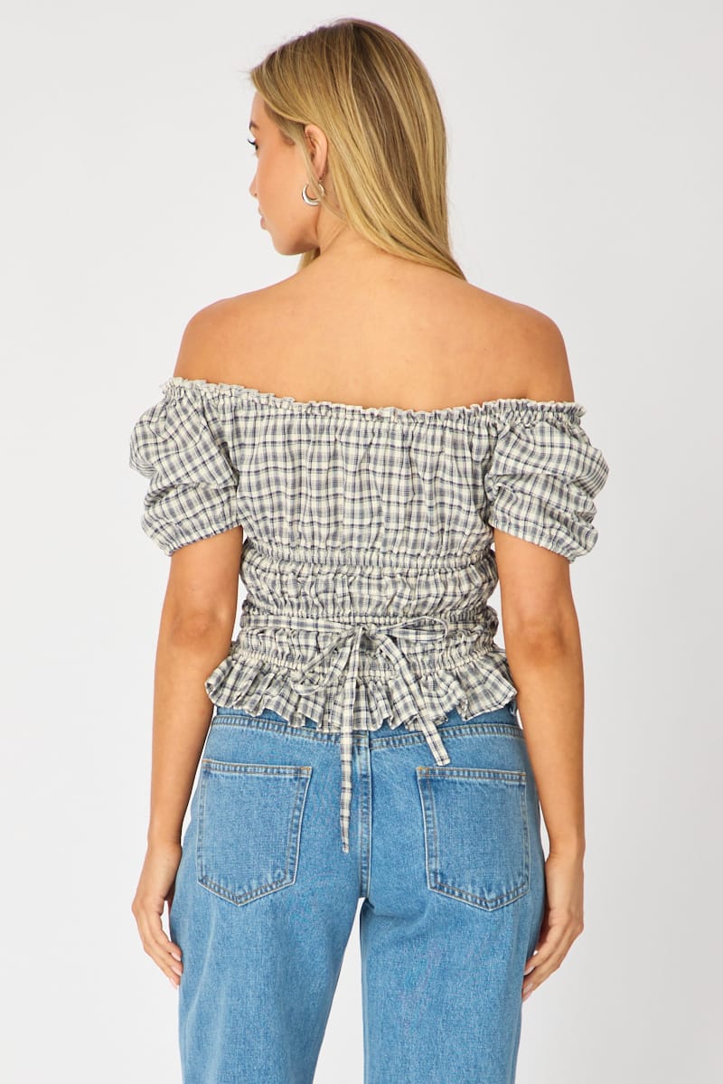 Blue Check Frill Ruched Blouse Short Sleeve for Ally Fashion