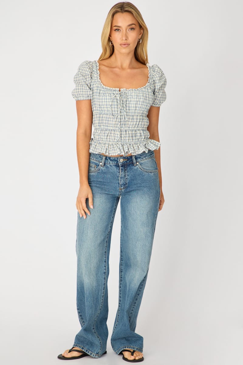 Blue Check Frill Ruched Blouse Short Sleeve for Ally Fashion