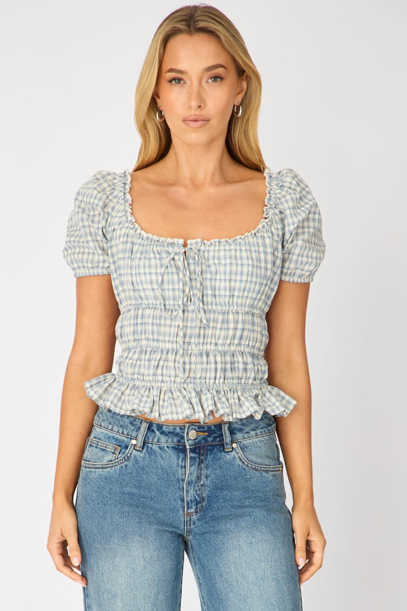 Blue Check Frill Ruched Blouse Short Sleeve for Ally Fashion
