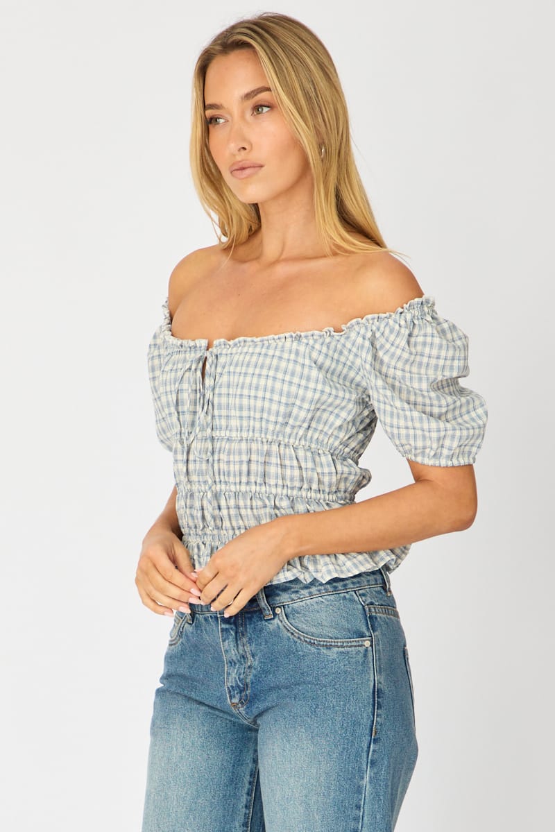 Blue Check Frill Ruched Blouse Short Sleeve for Ally Fashion
