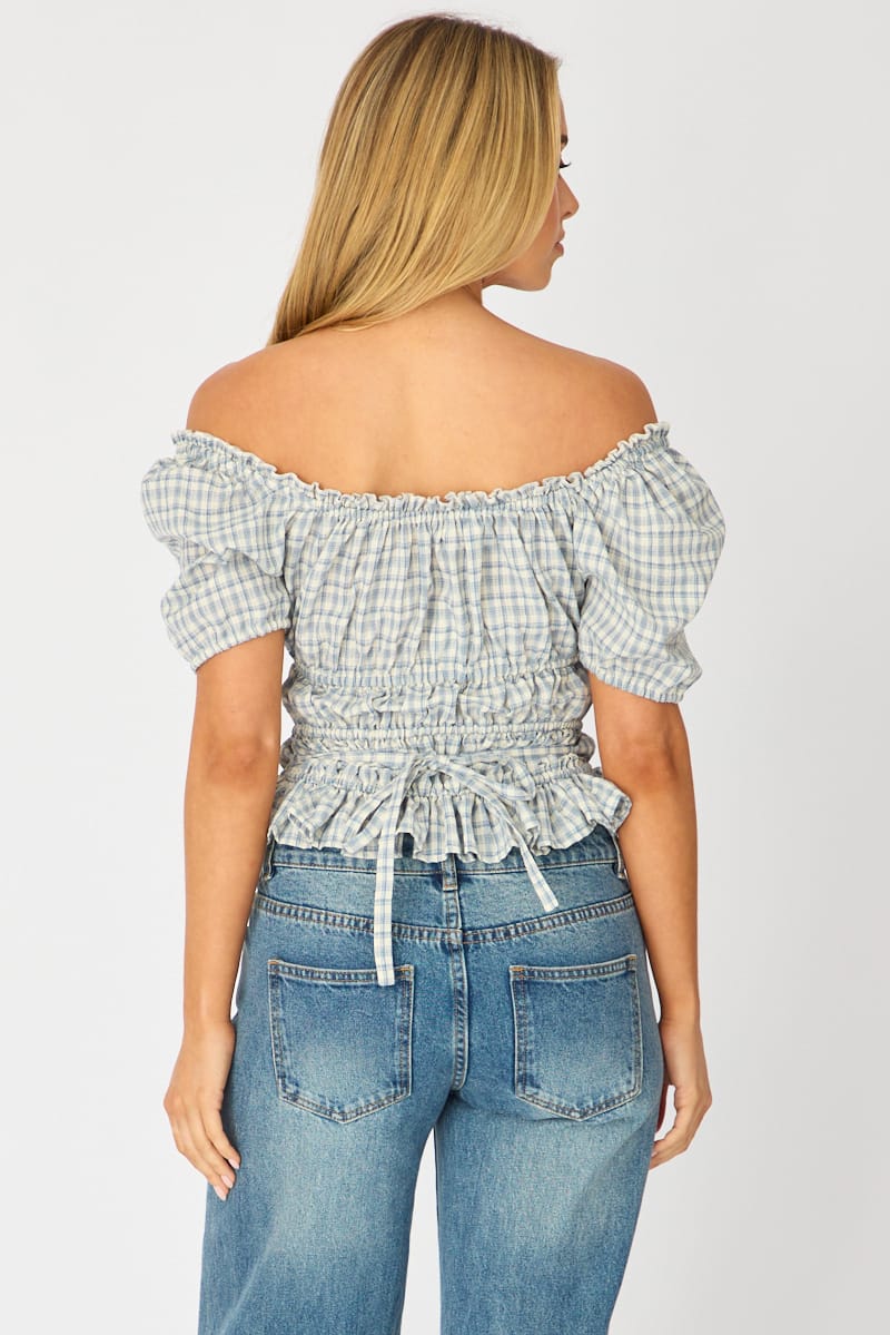 Blue Check Frill Ruched Blouse Short Sleeve for Ally Fashion