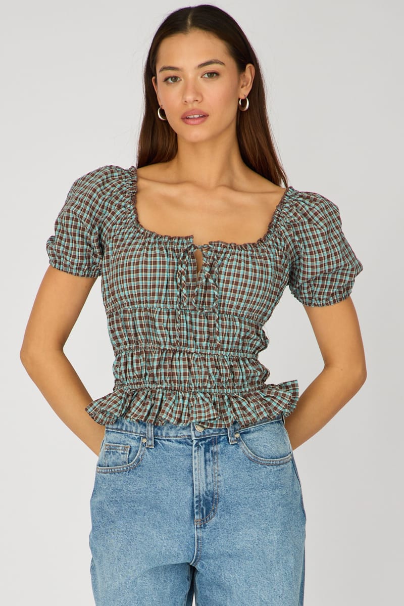 Brown Check Frill Ruched Blouse Short Sleeve for Ally Fashion