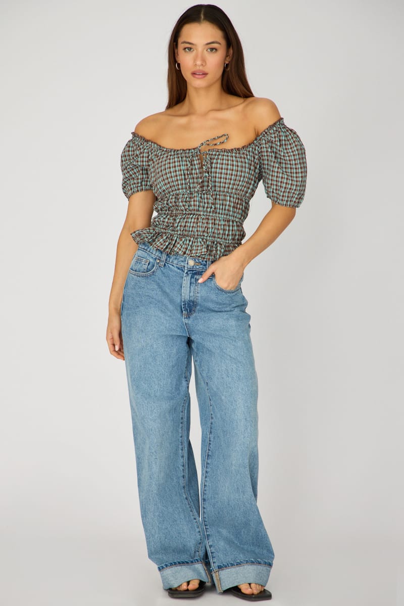 Brown Check Frill Ruched Blouse Short Sleeve for Ally Fashion