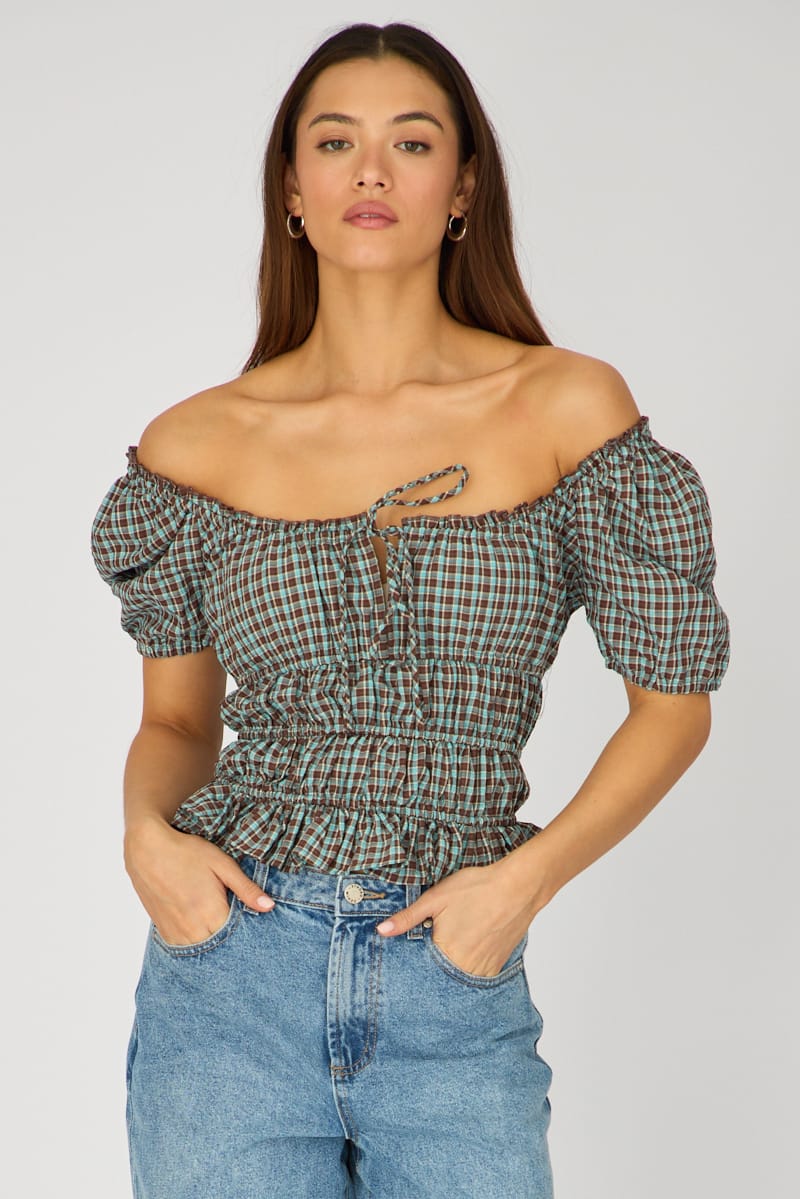 Brown Check Frill Ruched Blouse Short Sleeve for Ally Fashion