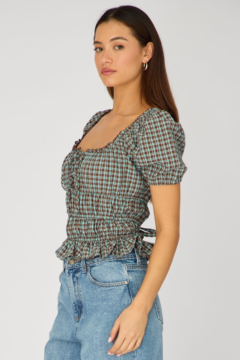 Brown Check Frill Ruched Blouse Short Sleeve for Ally Fashion