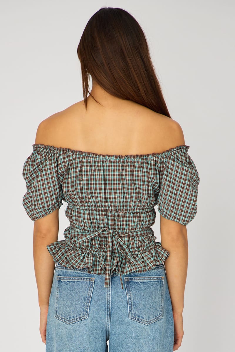 Brown Check Frill Ruched Blouse Short Sleeve for Ally Fashion