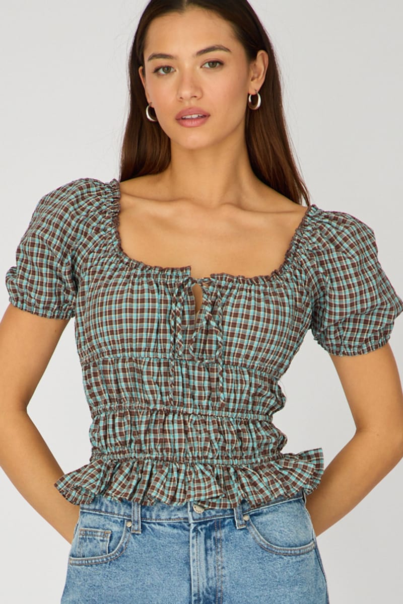 Brown Check Frill Ruched Blouse Short Sleeve for Ally Fashion