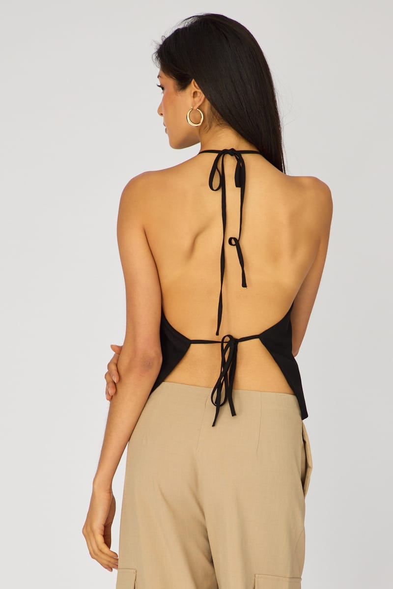 Black Linen Top Sleeveless Halter Neck for Ally Fashion