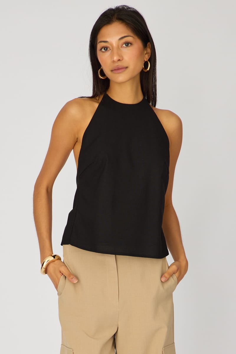 Black Linen Top Sleeveless Halter Neck for Ally Fashion