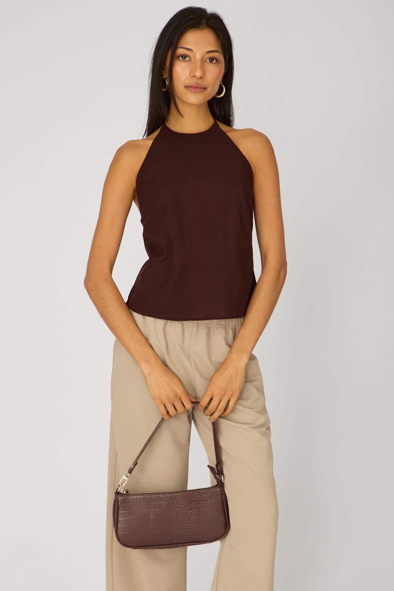 Brown Linen Top Sleeveless Halter Neck for Ally Fashion