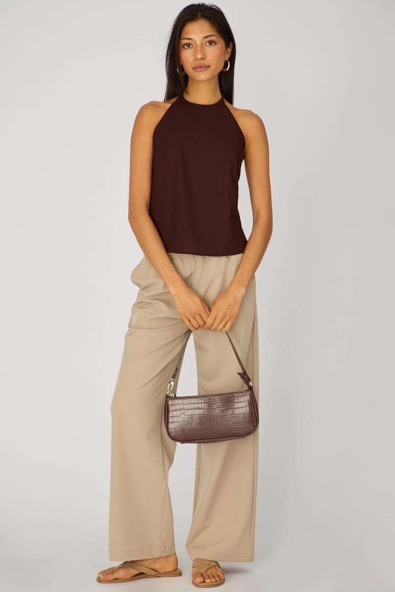 Brown Linen Top Sleeveless Halter Neck for Ally Fashion