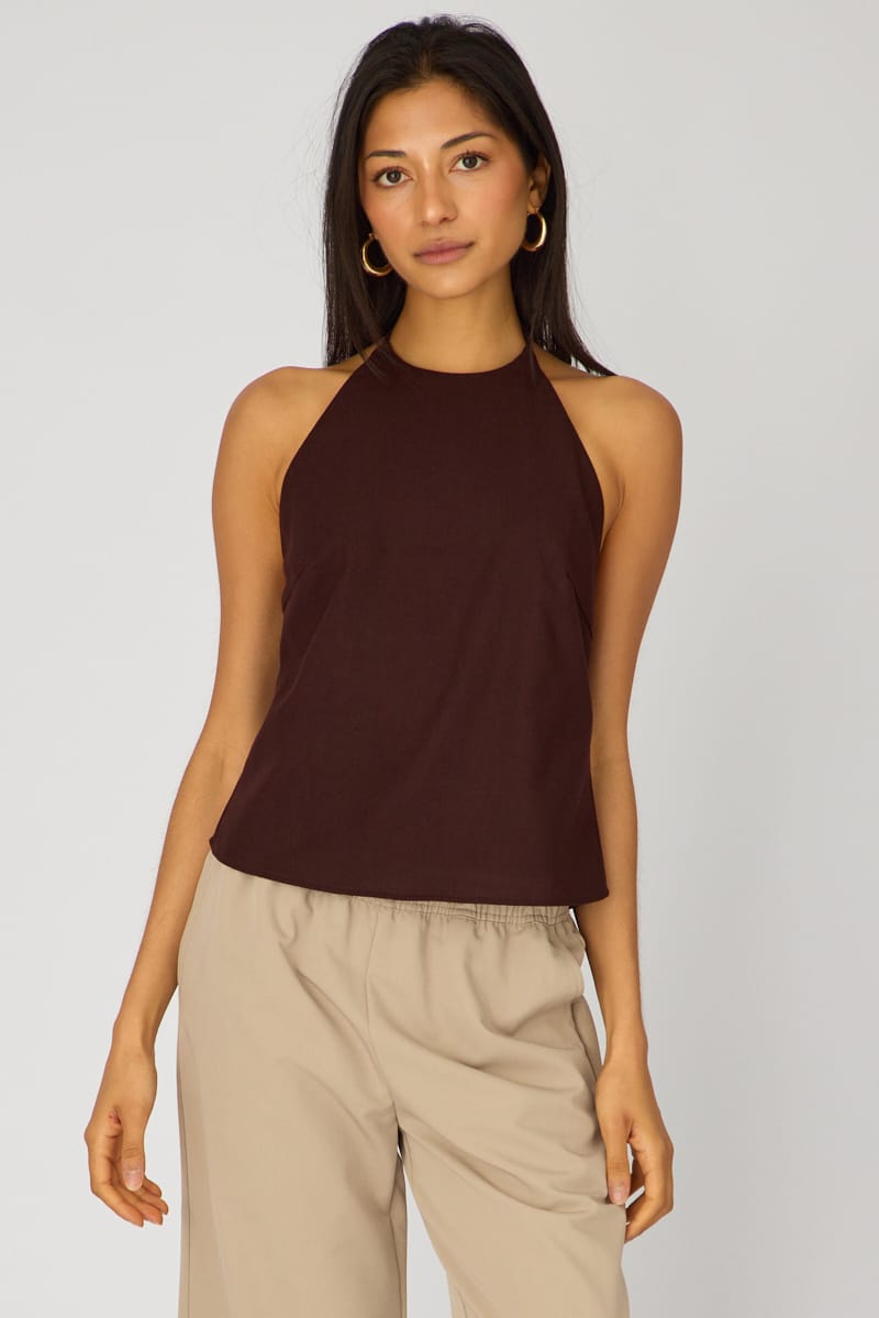 Brown Linen Top Sleeveless Halter Neck for Ally Fashion
