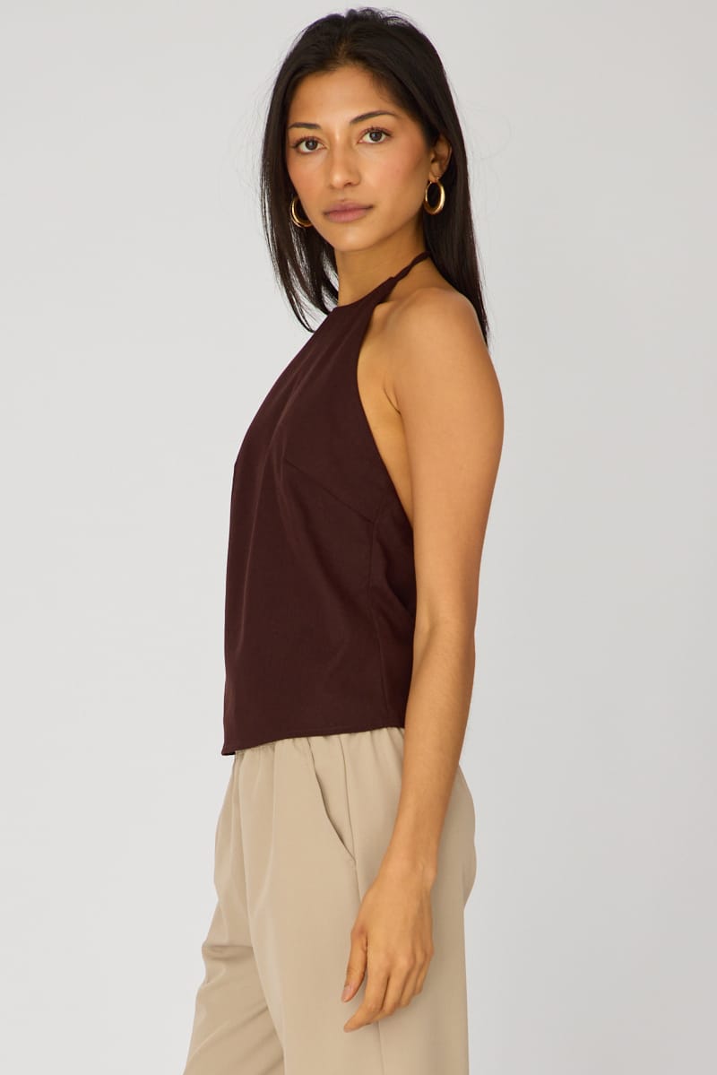Brown Linen Top Sleeveless Halter Neck for Ally Fashion