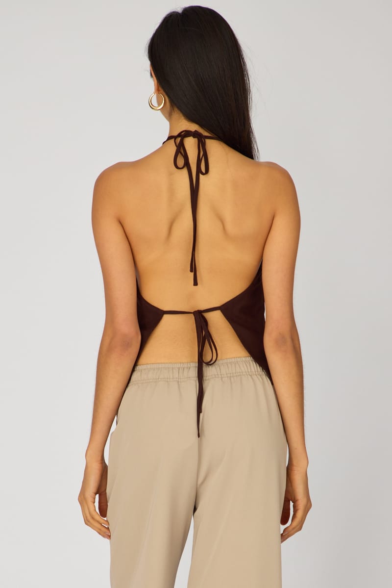 Brown Linen Top Sleeveless Halter Neck for Ally Fashion