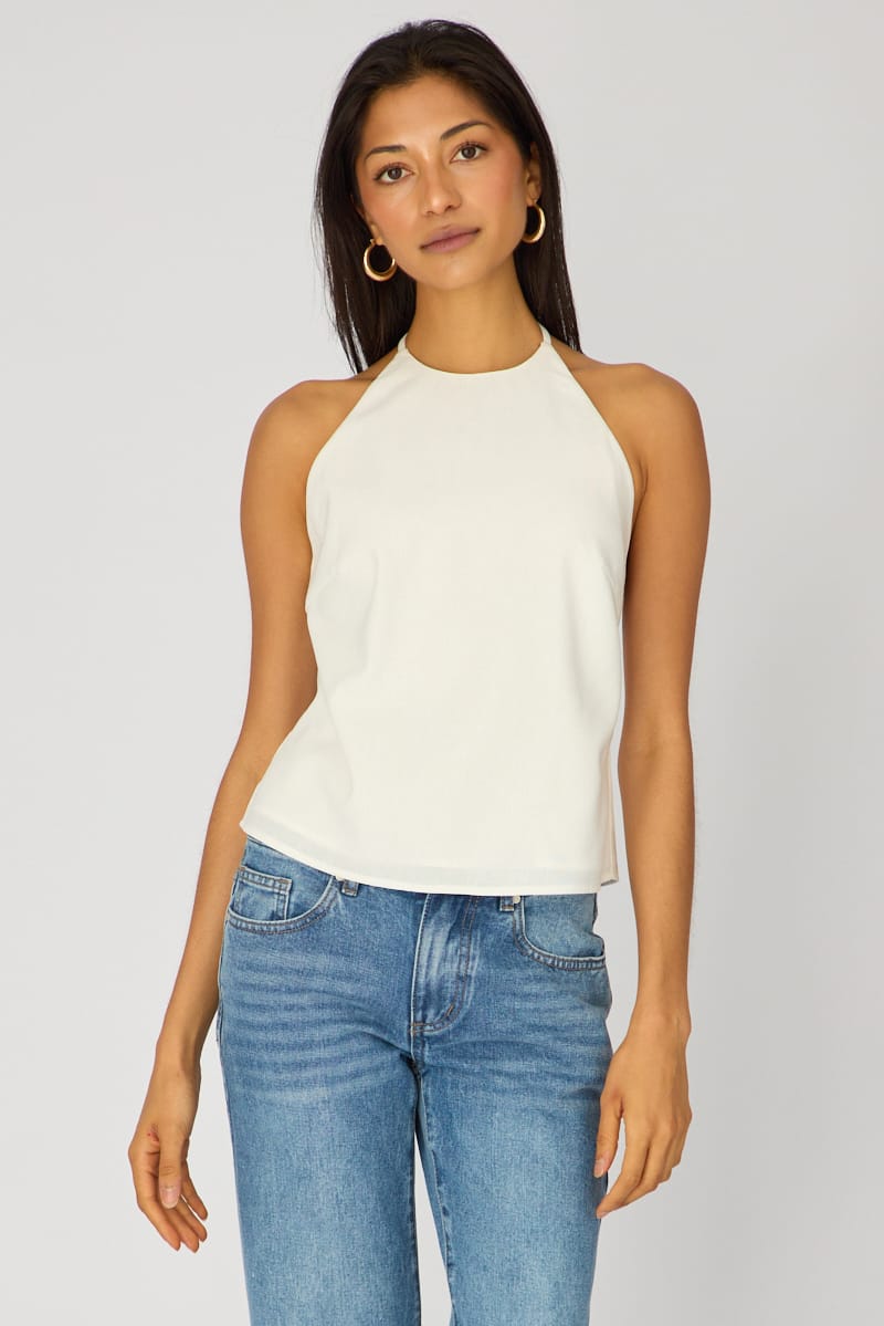 White Linen Top Sleeveless Halter Neck for Ally Fashion