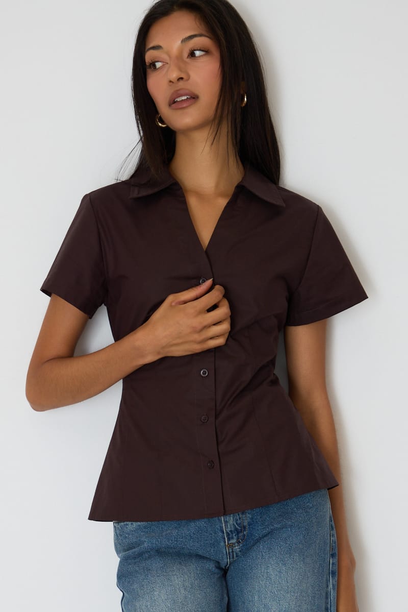 Brown Fitted Collar Shirt Short Sleeve Button Up for Ally Fashion