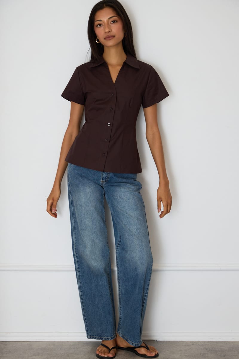 Brown Fitted Collar Shirt Short Sleeve Button Up for Ally Fashion