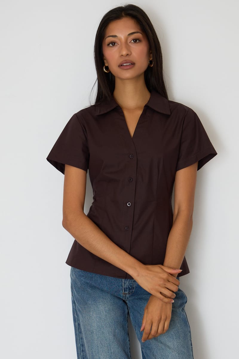 Brown Fitted Collar Shirt Short Sleeve Button Up for Ally Fashion